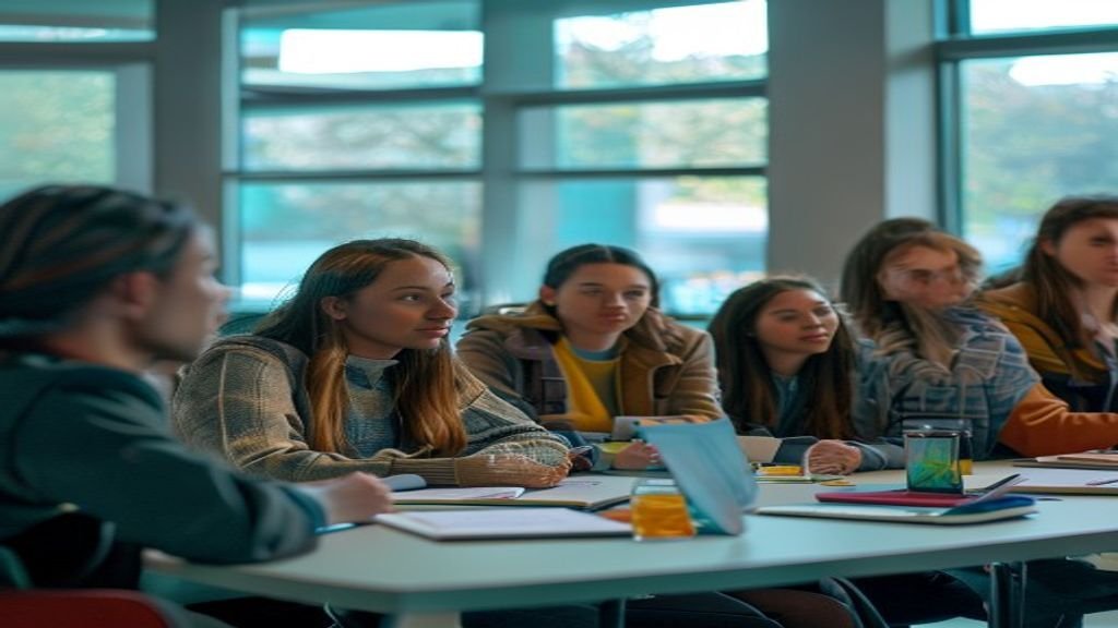 A group of students and teachers collaboratively reviewing an AI classroom contract at a school desk