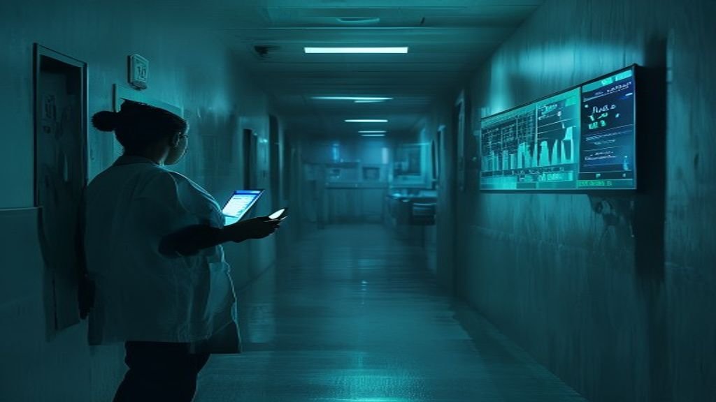 A nurse interacts with an AI system while caring for a patient, highlighting AI in healthcare quality concerns