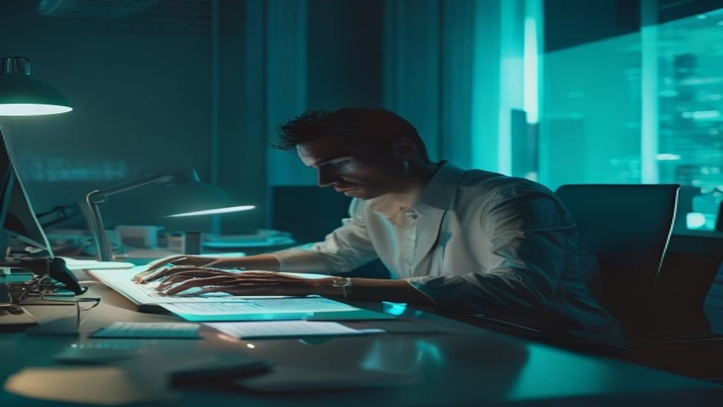 A professional uses AI tools at a desk, surrounded by open tabs and a to-do list, showing the challenge of focus and followthrough in a busy work environment