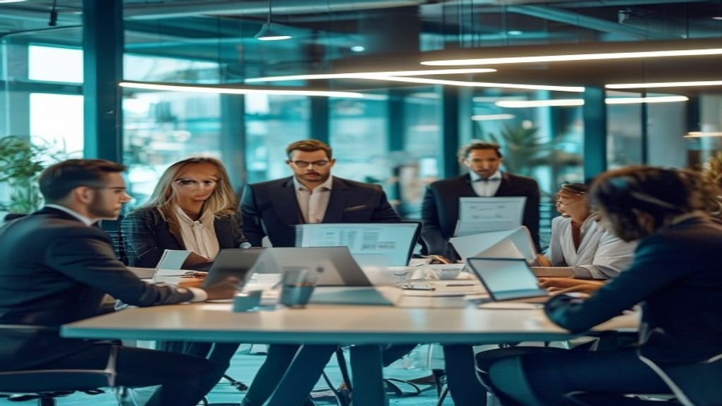 A group of professionals in a conference room discussing cost-effective AI models and ROI strategies