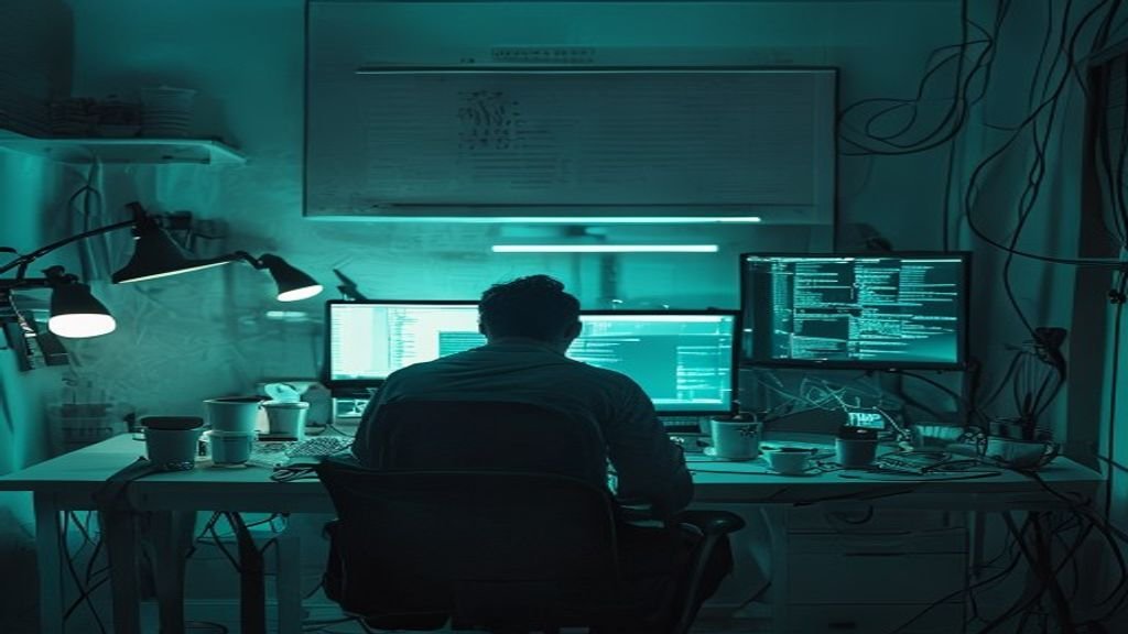 A developer at a desk, surrounded by code and AI app development tools, showing the long journey of building a real AI app