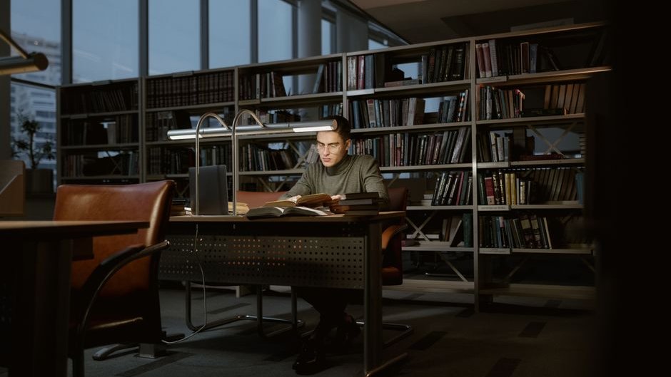 A cluttered library shelf with outdated books and a glowing screen displaying low-quality AI-generated text