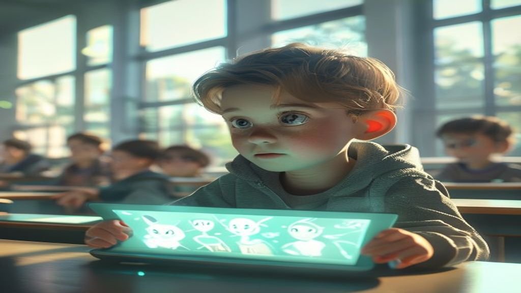 A child interacting with a real-time AI tutor on a tablet, engaged in a quick, responsive learning activity