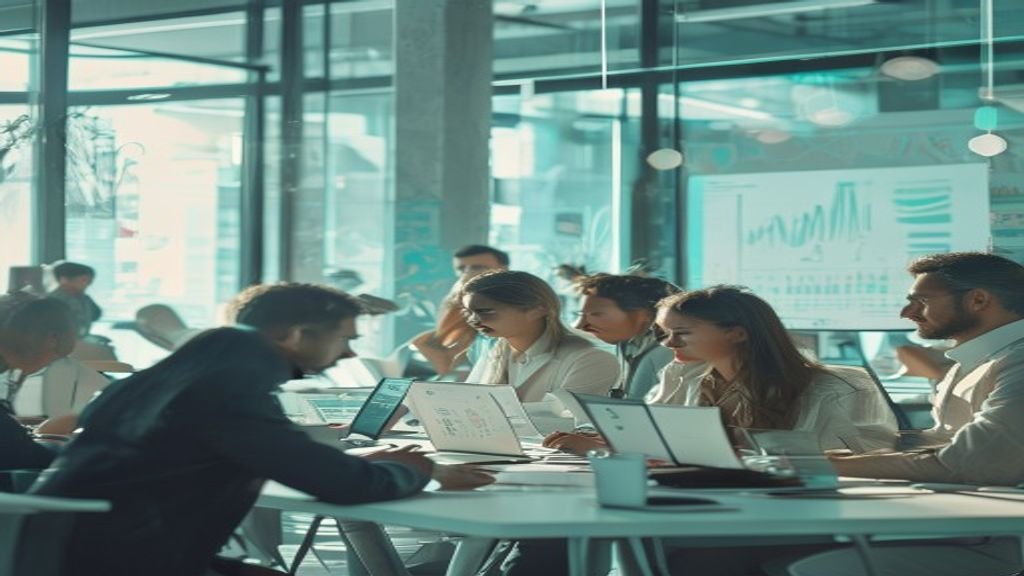 A diverse group of people discussing AI's impact on jobs in a modern office setting with charts and data on the walls AI job impact reality