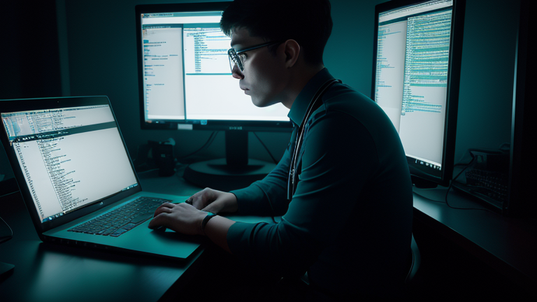 A team collaborates on AI product development, reviewing code for security and production readiness in a modern workspace