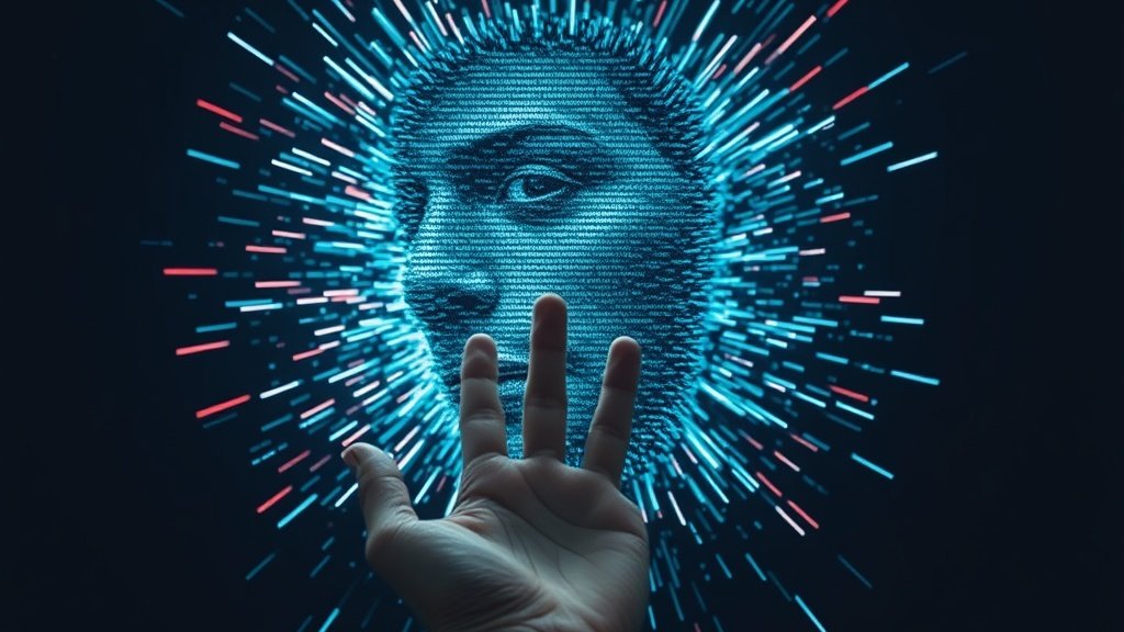 A blurry, over-processed AI-generated image of a person reading a blog on a laptop, with a skeptical expression and a broken chain in the background symbolizing lost trust