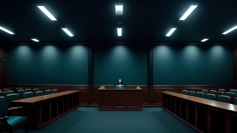 A courtroom scene with legal documents and AI logos like Anthropic and OpenAI on a table, highlighting AI in writing process legal issues