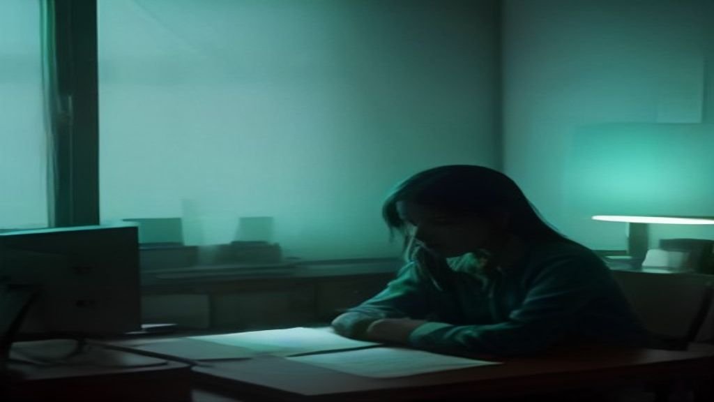A serious author sits at a desk, surrounded by books and a laptop with text, highlighting the ethical and practical concerns of AI in the writing process