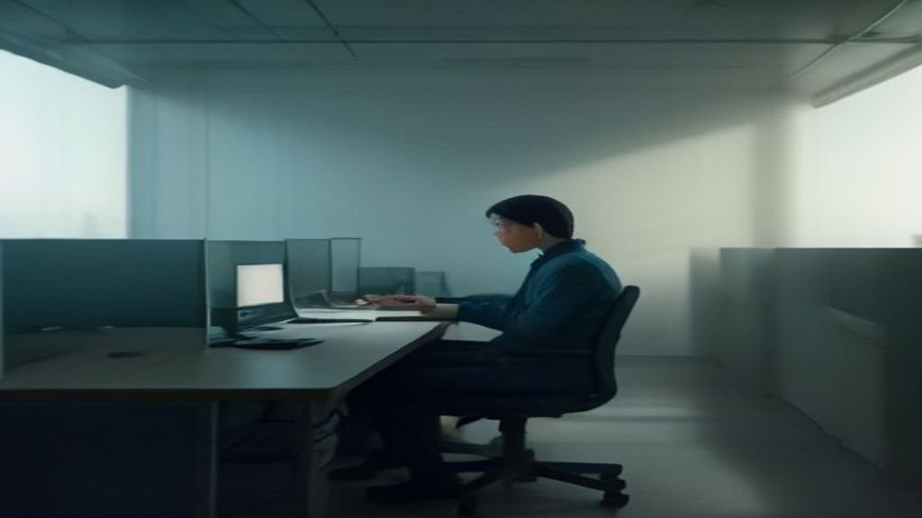 A young worker sits at a computer screen showing the AI entry-level job impact