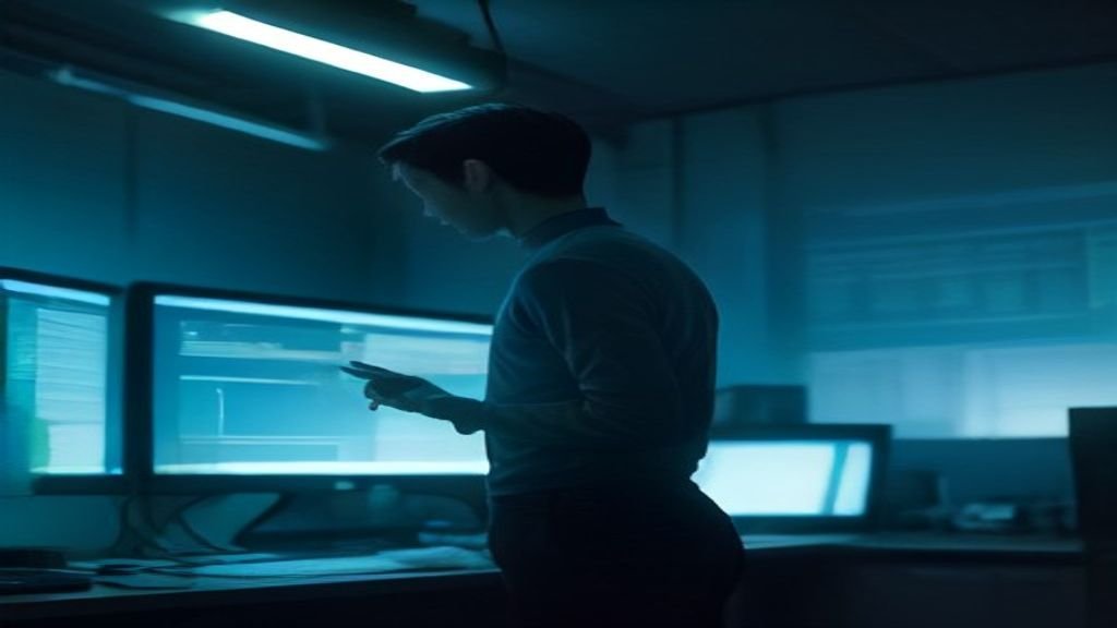 A developer analyzes glowing lines of code on computer screens during AI software development