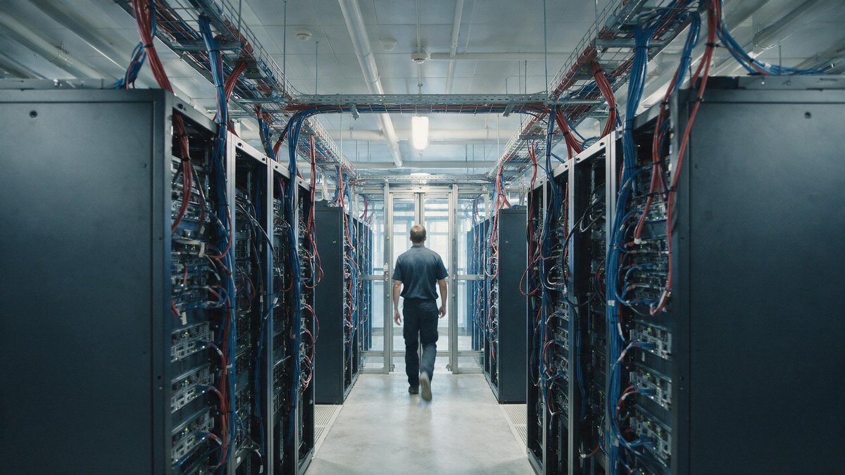 A technician inspects rows of enterprise AI hardware in a glowing server room