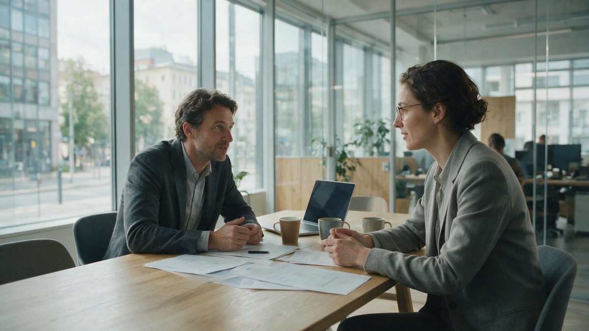An anxious businessman looking at a glowing laptop screen depicting an executive AI strategy