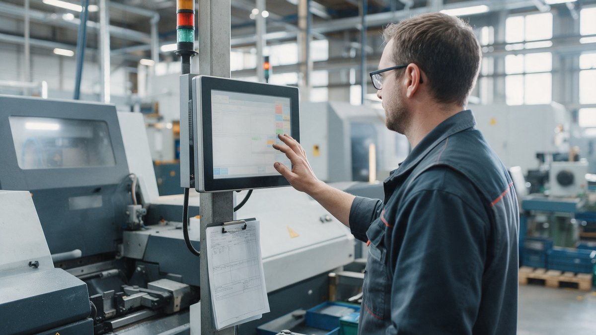 Factory floor workers at machinery while an office laptop displays the Microsoft Copilot reboot dashboard