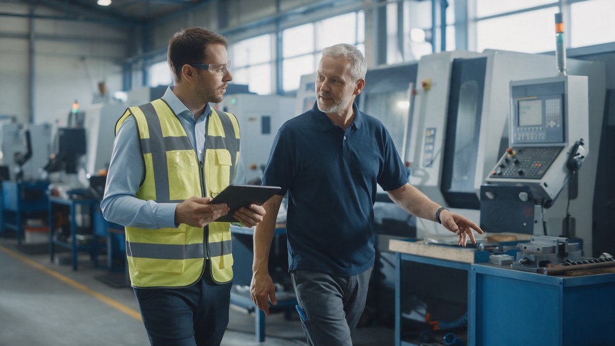 Operator reviews AI control settings on a production line panel showing pinned model versions