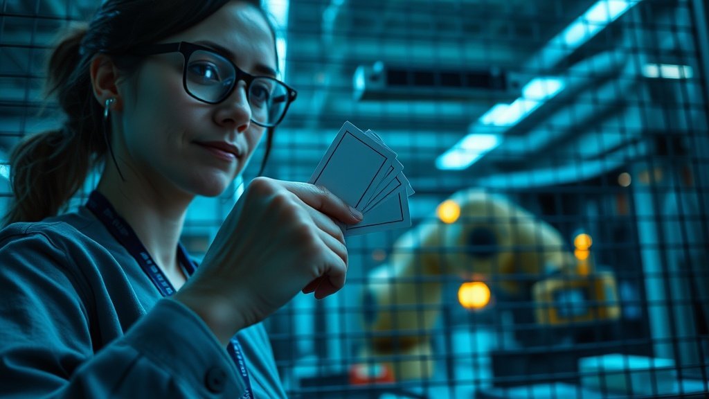 Engineer reviewing AI agent containment permissions on factory control room screens beside robotic assembly arms