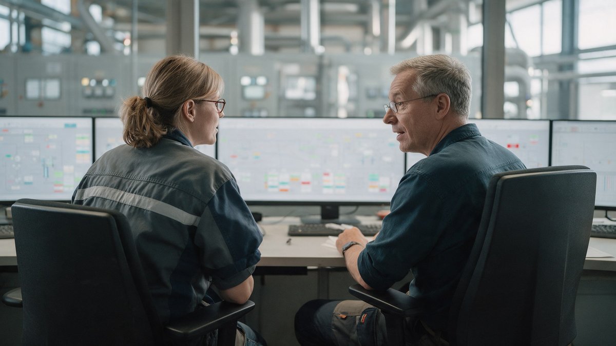 A quality manager inspects automated factory machinery to ensure pragmatic AI safety standards