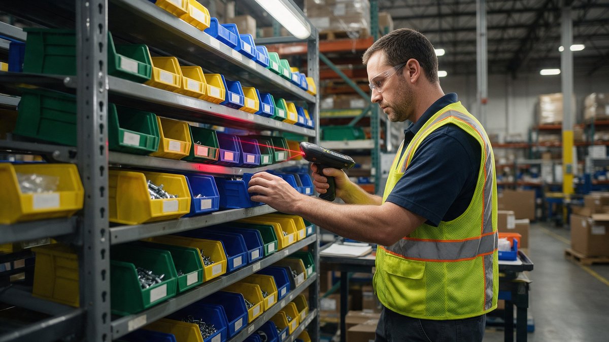 Warehouse worker scanning a parcel under overhead cameras tracking AI workforce surveillance metrics