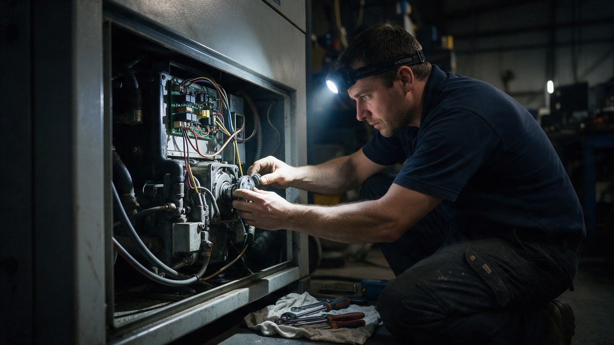Worker in gloves wipes a corroded pipe valve while collecting robotics training data