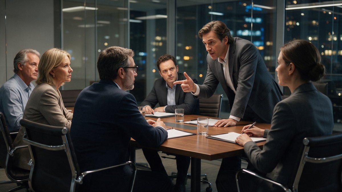 Researchers gathered around a conference table debating AI adoption standards on a whiteboard